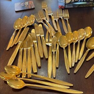 Vintage Mid Century Gold Tone Stainless Flatware Set – Atomic / MCM Design 30+